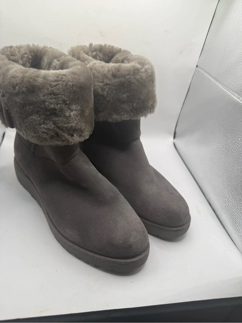 UGG Women's Taupe Suede Fold-Over Shearling Ankle Boots